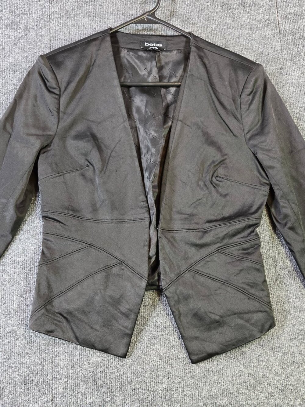bebe Women’s Size 8 Black Satin Blazer Fitted Collarless Y2K Evening Jacket